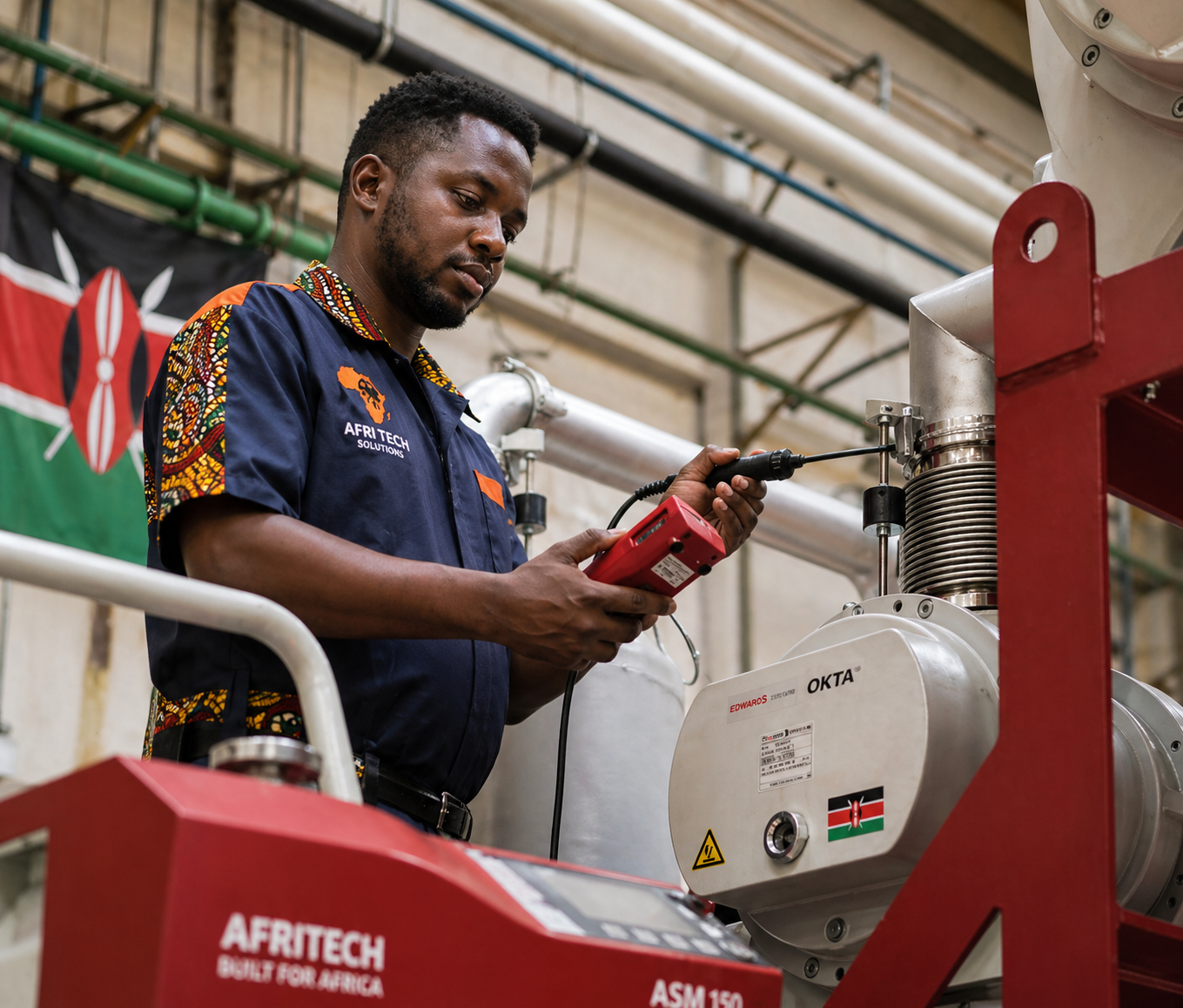 Field technician performing tracer gas helium leak detection with portable leak detector on industrial equipment