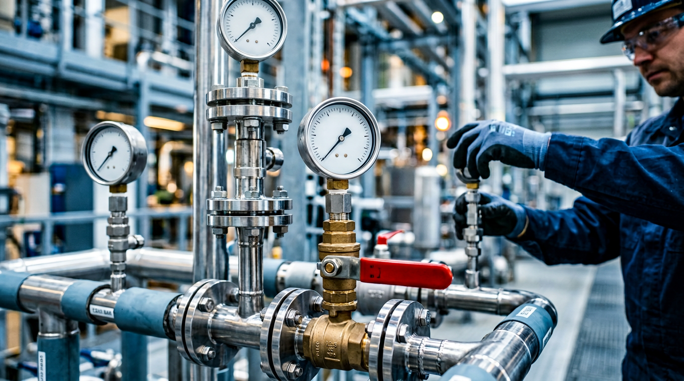 Close-up of industrial equipment with engineers working on systems in an operational plant