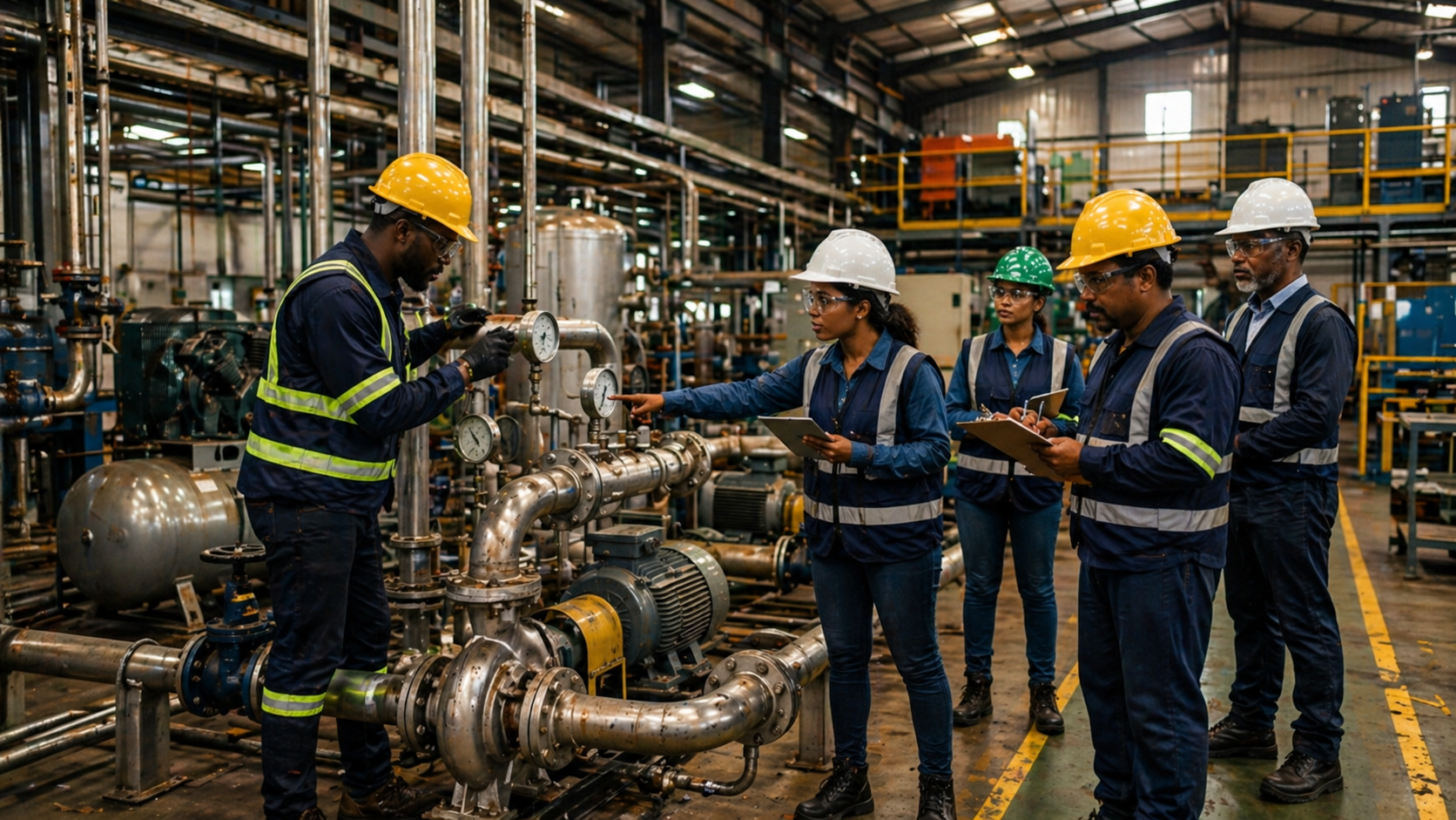 Engineering team on site with industrial plant and machinery during system work